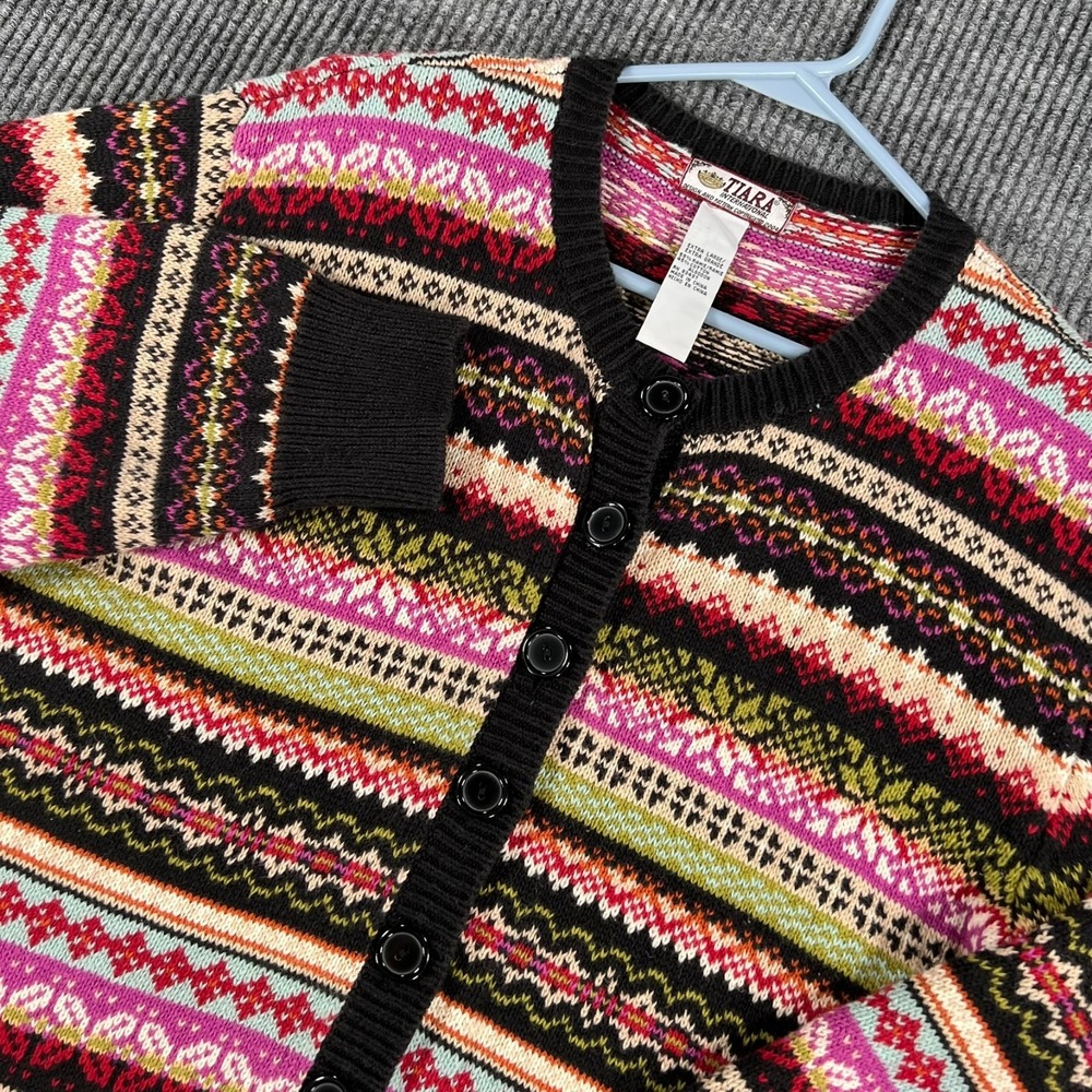 Tiara International Sweater Womens XL Extra Large Pink Black Striped Button Up